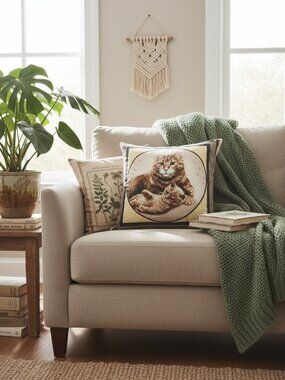 Handmade Cat Pillow 16" x 16" Cottagecore Square Brown Microfibre Farmhouse